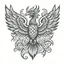 Phoenix from the front with wings spread wide and flames in tribal style tattoo design idea