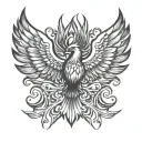 Phoenix from the front with wings spread wide and flames in tribal style tattoo design idea