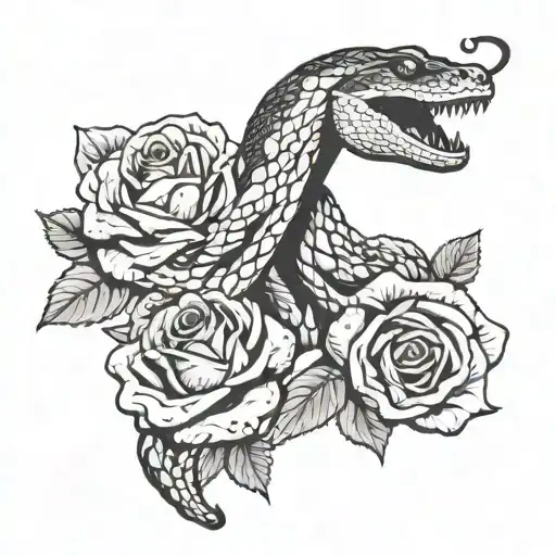 2 snakes looking at each other in profile like with roses and the letter J hidden tattoo design idea