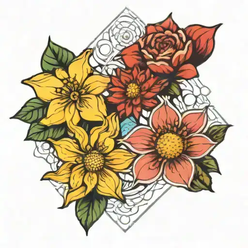 Carnation, daffodil, daisy, water lily, poppy, chrysanthemum, poinsettia flowers, geometric lining woth astrology tattoo design idea