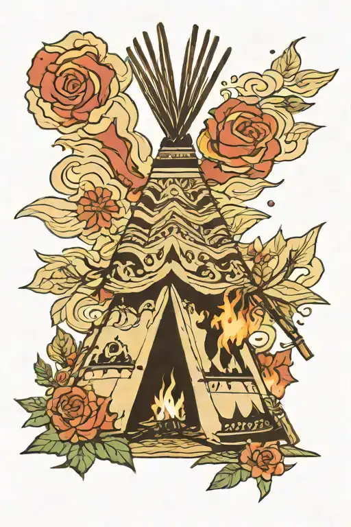teepee, wild west, fire, rose tattoo design idea