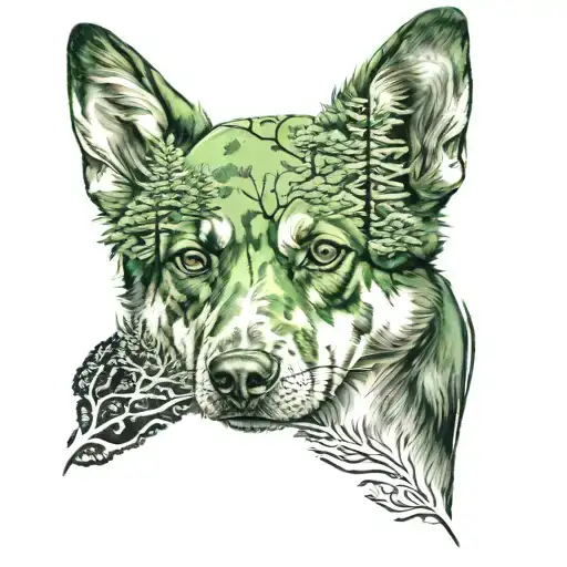 dog, green bandana, below the dog forest with acacia, river and far tree tattoo design idea