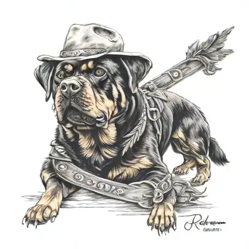 Old Rottweiler with cowboy hat written 300 tattoo design idea