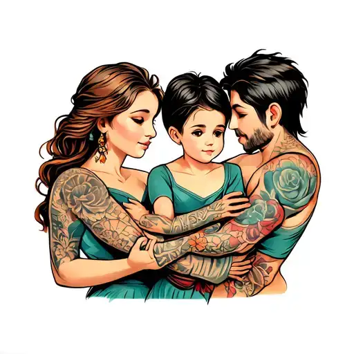 family of 4 - a mother, father, 7 yer old daughter and 3 year old son, hugging each other tattoo design idea