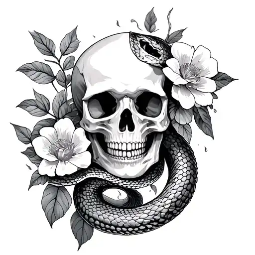 skull and snake creepy flowers tattoo design idea