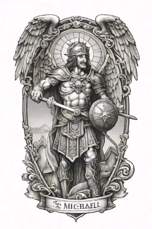 A black-grey tattoo of st Michael warrior of god holding a scale aloft, representing the pursuit of fairness and truth tattoo design idea