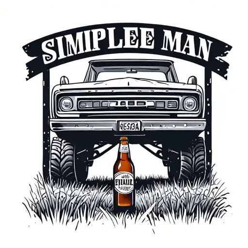 "Simple Man" Vintage 4x4 truck driving through a field with a beer bottle in the foreground. with text on an archway banner above it tattoo design idea