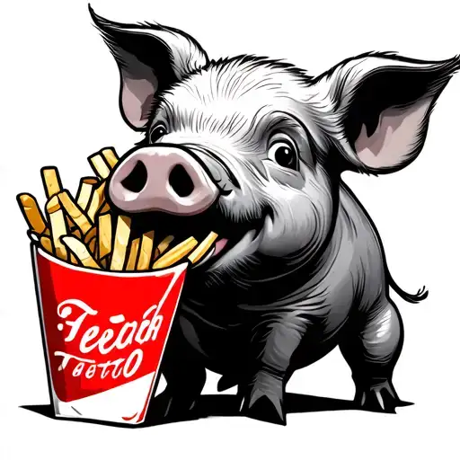 cartoon pig eating French fries tattoo design idea