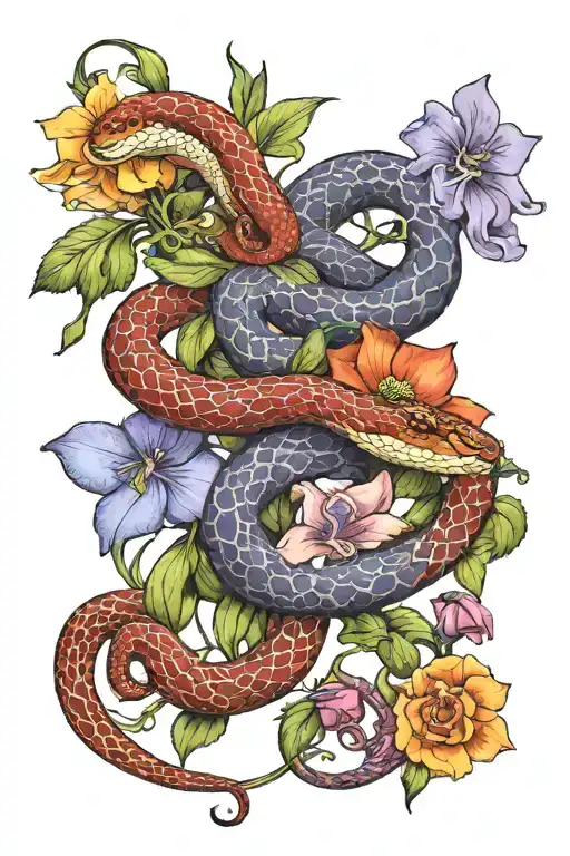 A red snake in the middle with two purple larkspur flowers, one red rose, one yellow primrose, one orange  tattoo design idea