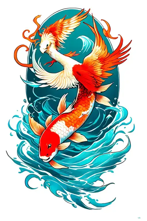 phoenix tattoo and koi fish swimming upstream tattoo design idea