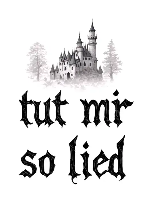 the inscription - es tut mir so lied, written in a beautiful font against the background of trees and old castle  tattoo design idea
