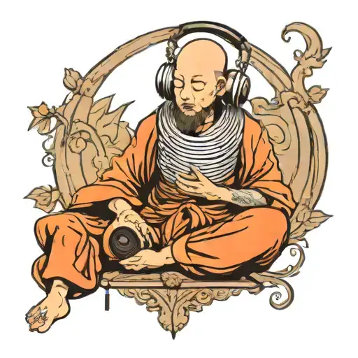 young monk bearing headphones and meditation tattoo design  tattoo design idea