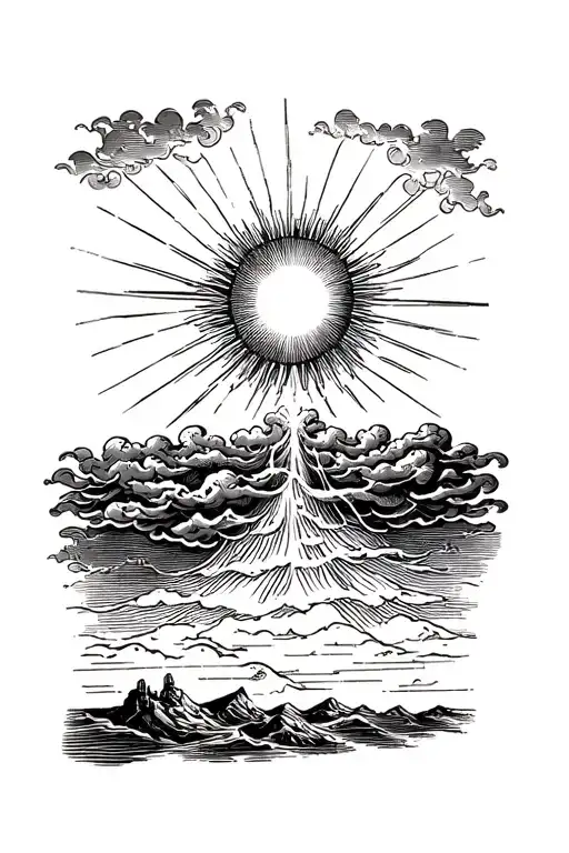 the sun breaking through dark clouds and a storm  tattoo design idea