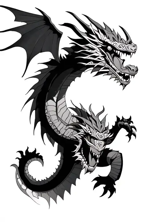 aztec heiroglyphic dragon flying into the air with an oni mask tattoo design idea