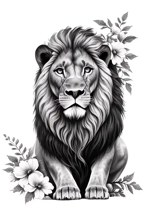 pencil sketch lion and flowers. my two children's heartache and strength of losing a husband but finding love again tattoo design idea