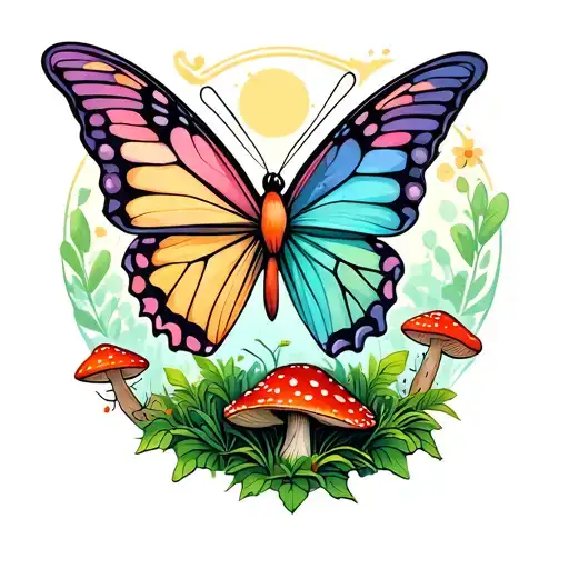 butterfly fairy garden mushroom trees woodsy tattoo design idea