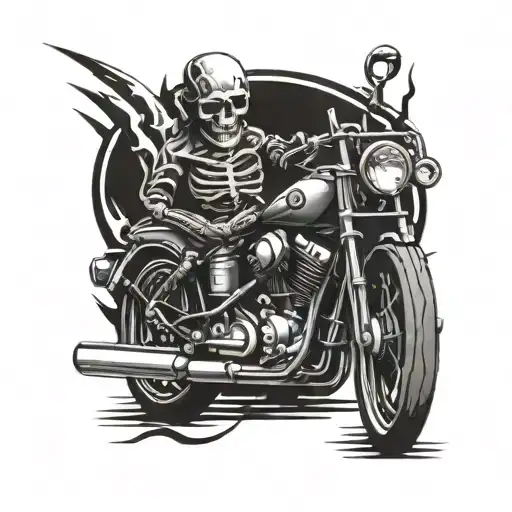 Hot rod and harley style with railroad tracks, skulls and motorcycle engines tattoo design idea