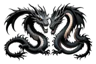 two dragons intertwined, one traditional Japanese and one American tattoo design idea