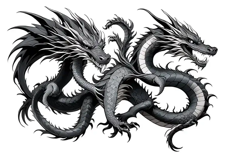 two dragons intertwined, one traditional Japanese and one American tattoo design idea