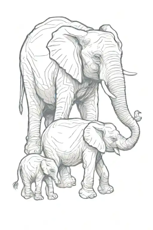 mother elephant with two baby elephants holding trunks in front tattoo design idea