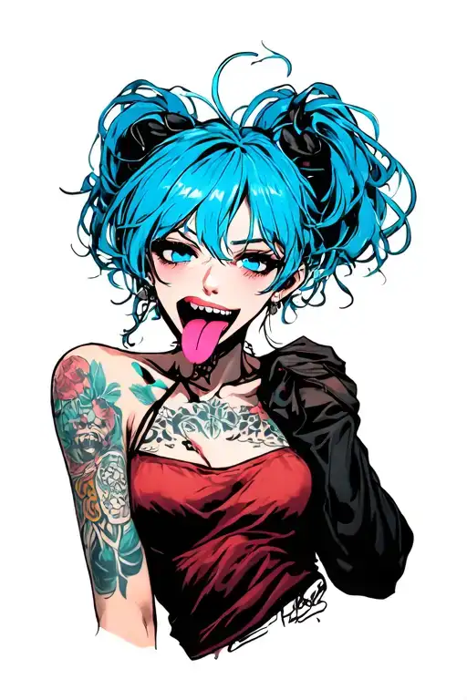 Clean, hentail, nude, bdsm, stick out tongue, nymphomaniac face, young, sexy front suggestive position, blue hair tattoo design idea