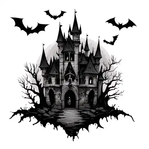 vampire girl moonlit gothic castle with bats in the air, dead trees, and fog tattoo design idea