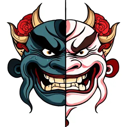 oni mask split where one side is smiling and crying tattoo design idea