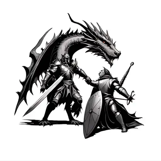 Tattoo sketch. The knight fights with the three -headed dragon. In the hand of the knight a sword and a shield. Dragon and knight look at each other tattoo design idea