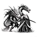 Tattoo sketch. The knight fights with the three -headed dragon. In the hand of the knight a sword and a shield. Dragon and knight look at each other tattoo design idea