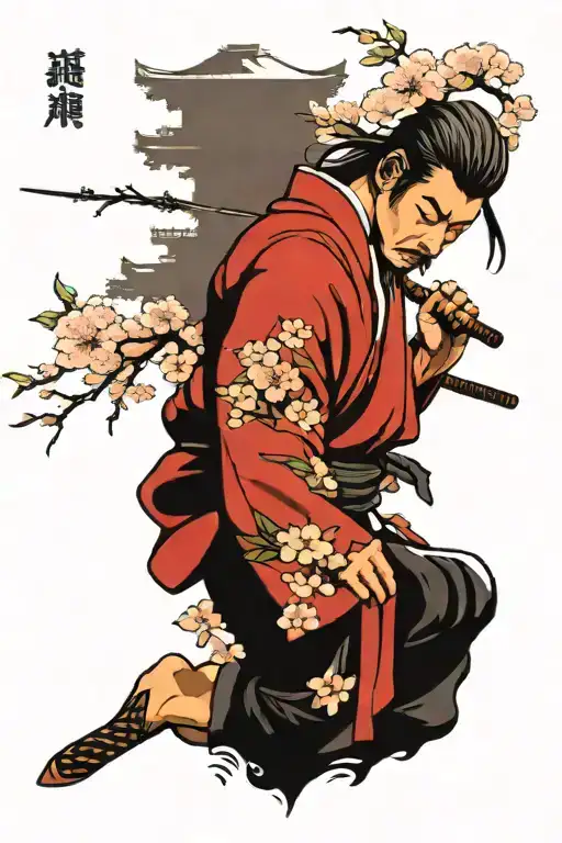 samurai, zen garden, pagoda, cherry blossom tattoo design idea