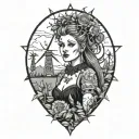 A gothic female  surrounded by windmills and thistles tattoo design idea