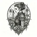 A gothic female  surrounded by windmills and thistles tattoo design idea