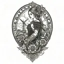 A gothic female  surrounded by windmills and thistles tattoo design idea