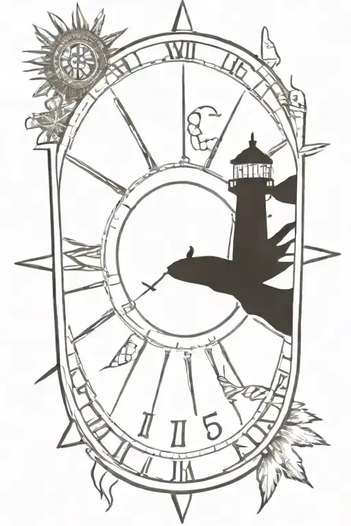 ships wheel with a clock face with a light house in the background with fish swimming through Indian feathers tattoo design idea