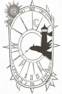 ships wheel with a clock face with a light house in the background with fish swimming through Indian feathers tattoo design idea