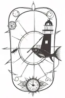 ships wheel with a clock face with a light house in the background with fish swimming through Indian feathers tattoo design idea