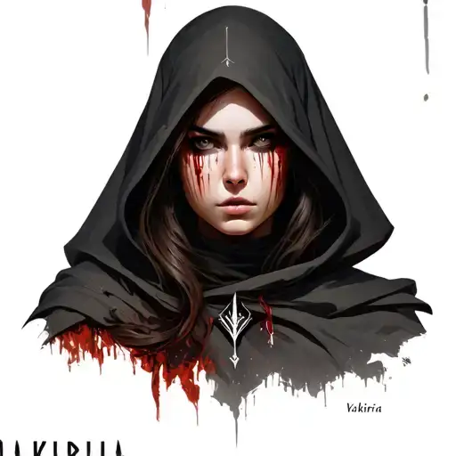 1. Valkiria as a "destiny" image of a hooded woman with raw, realistic features, establishing tattoo design idea