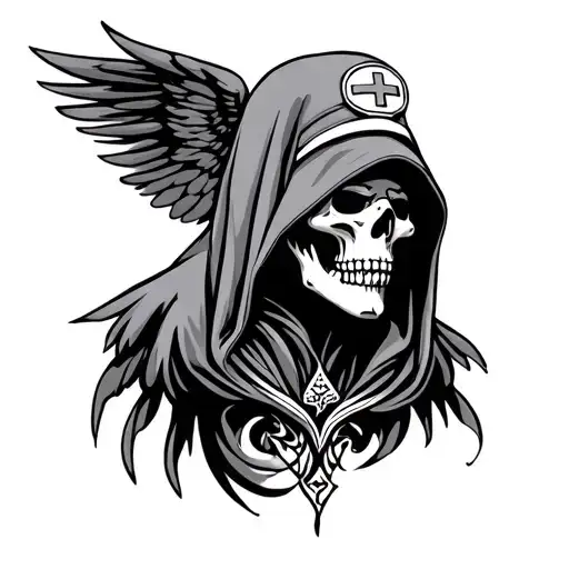 Angel of death, hooded hanya mask, Nurse, police officer, tribal, success and pain tattoo design idea