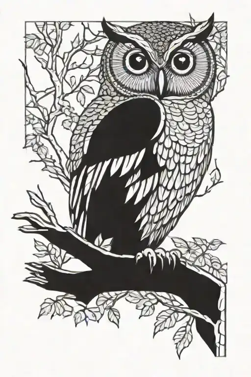 owl perched on a branch tattoo design idea