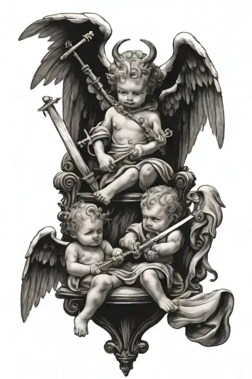 3 Baby Angels and 1 Devil in a throne holding a sword tattoo design idea