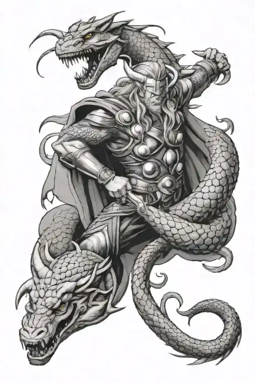The norse god Thor is fighting the world snake Jormungandr  tattoo design idea