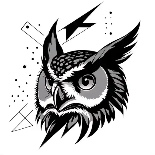 A black and grey owl head on a blank white background with some geometric triangles and dots near the top of the head tattoo design idea