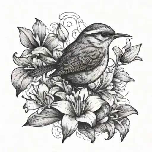 wren bird and lily flower tattoo design idea