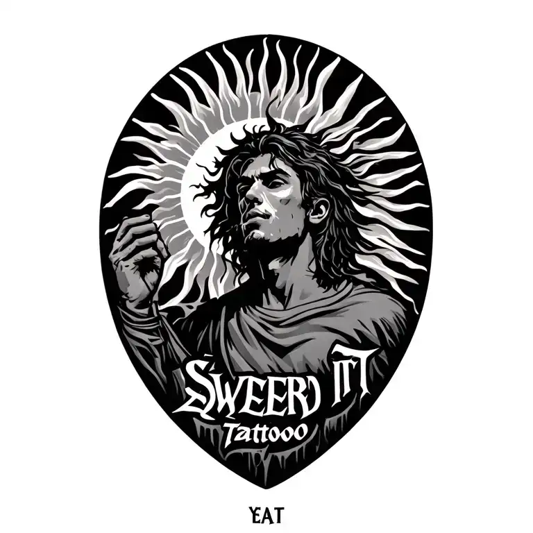 yeat tattoo design, with text "swerved it" with his sun tattoo above it tattoo design idea