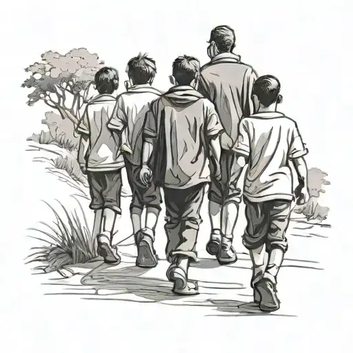Make a tattoo of 3 adult male friends walking side by side and in their shadows 3 little children are formed who tattoo design idea