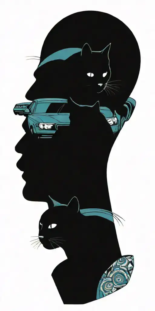 two gay men with two black cats sitting in a BMW car tattoo design idea