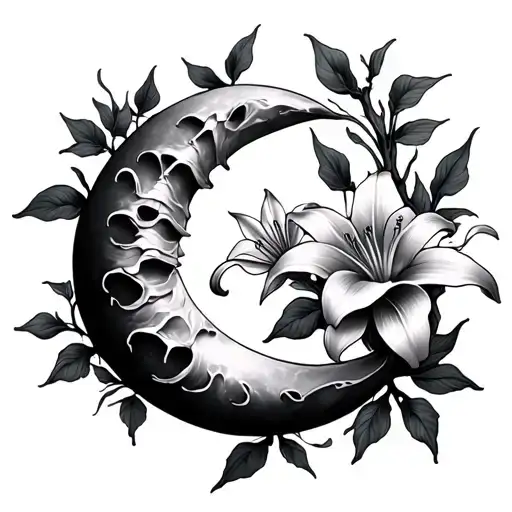moon spine tattoo with lilies and vines wrapping around it tattoo design idea