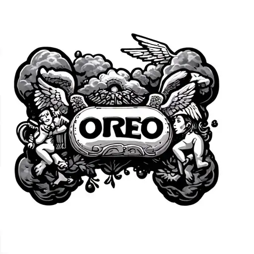 dog bone with the name oreo on it With cluds & angels around it tattoo design idea