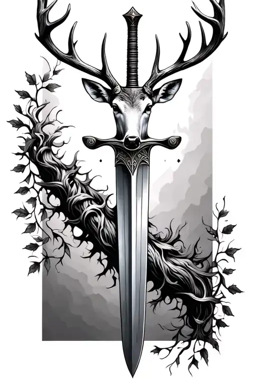 long sword wrapped masculine stag deer head handle small leaves running vines tattoo design idea
