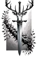 long sword wrapped masculine stag deer head handle small leaves running vines tattoo design idea